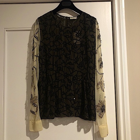 Beaded Designer Dries Von Noten silk long sleeve top with elastic waist - Picture 2 of 15